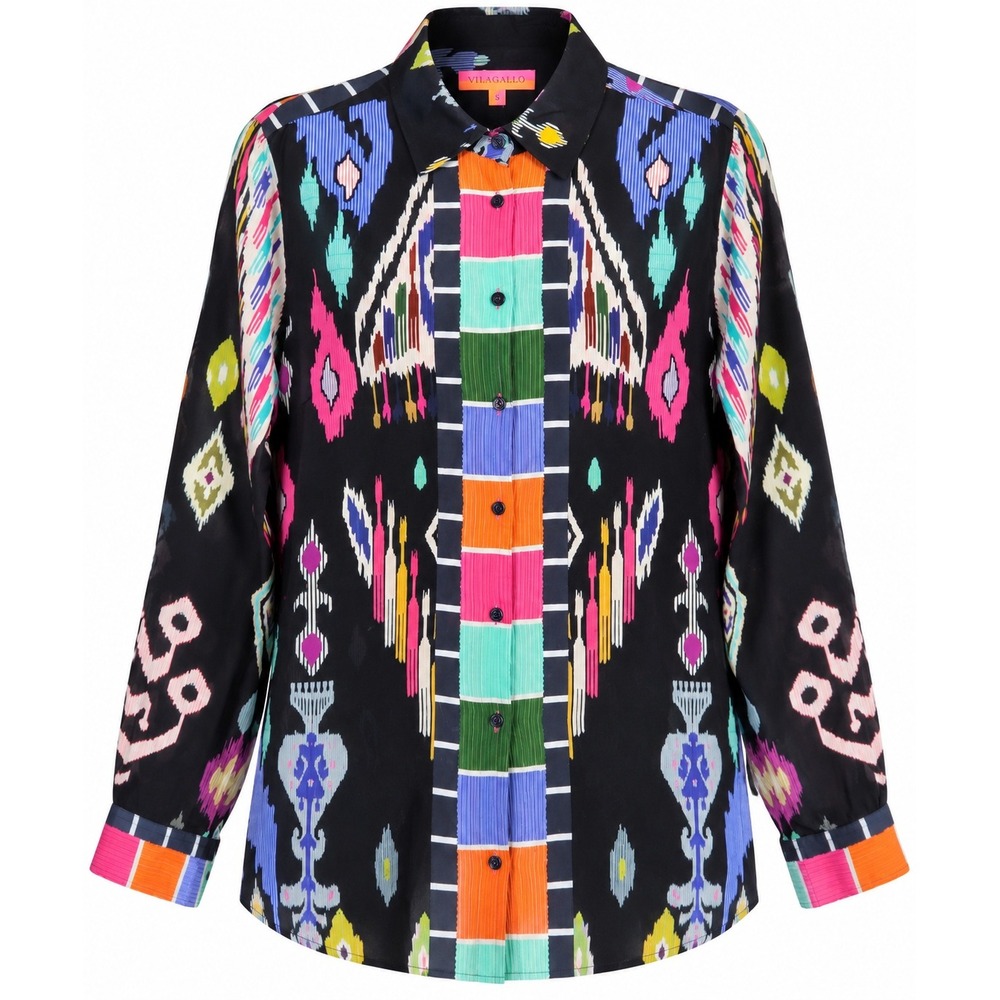 Vilagallo Women's Size 40 US 8 M Multicolor Ikat Geometric Button Down Shirt